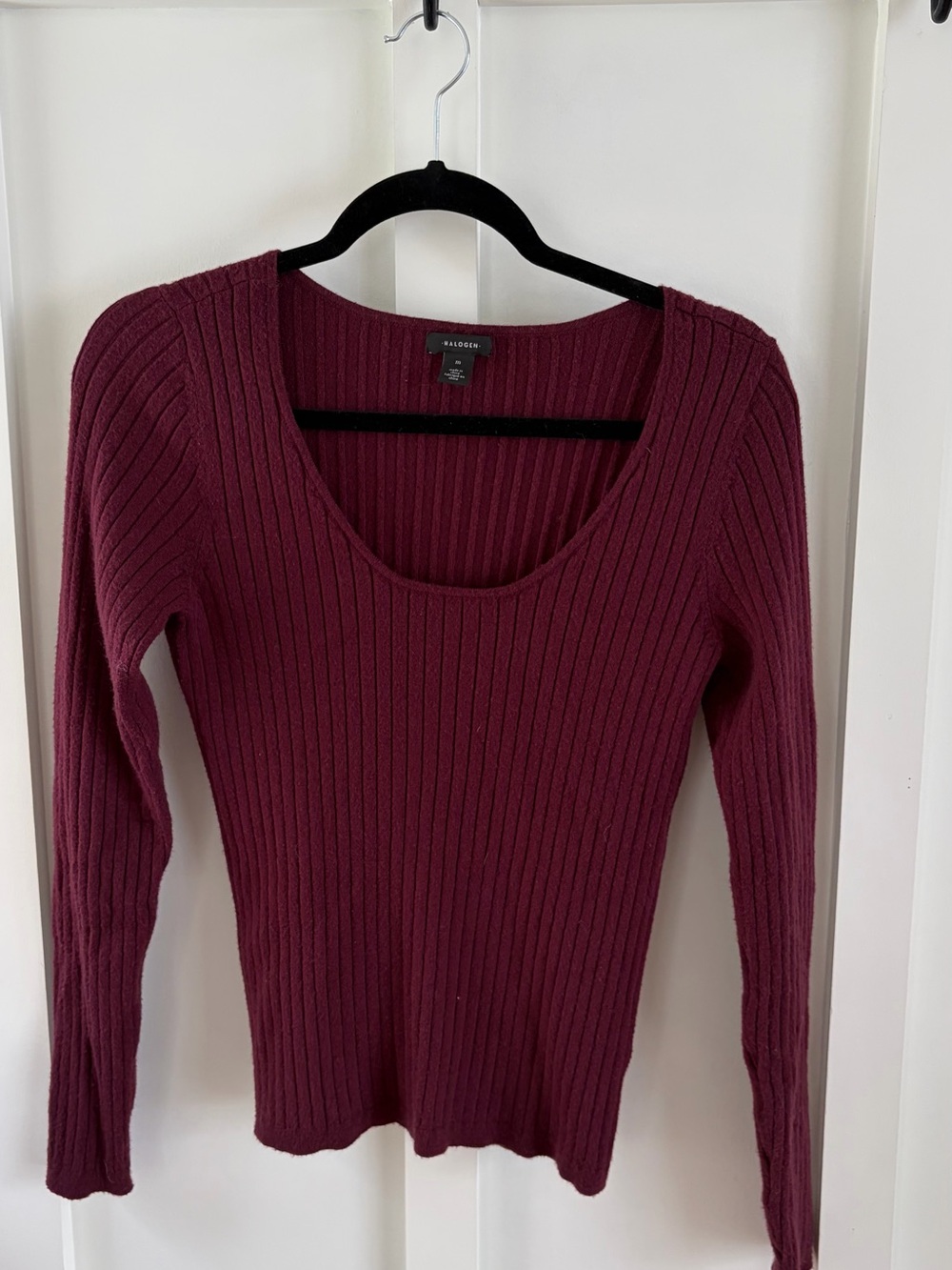 Halogen Ribbed Scoop Neck Sweater – Burgundy Plum | Size M